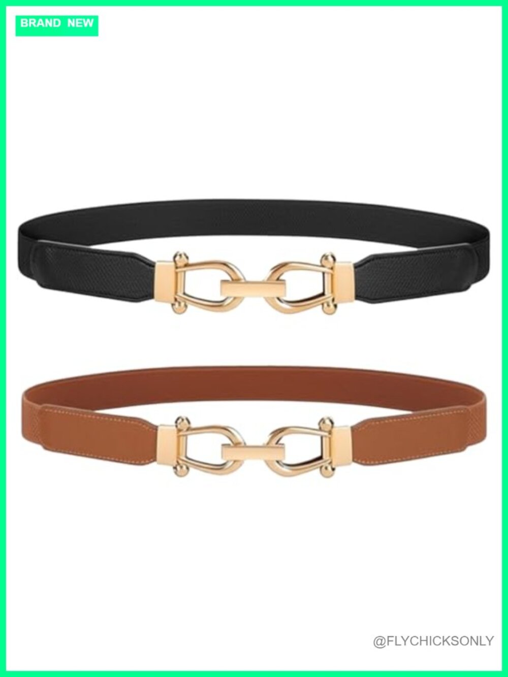 2 Elastic Skinny Belts for Women, Faux Leather Stretch Waist Belts with Gold